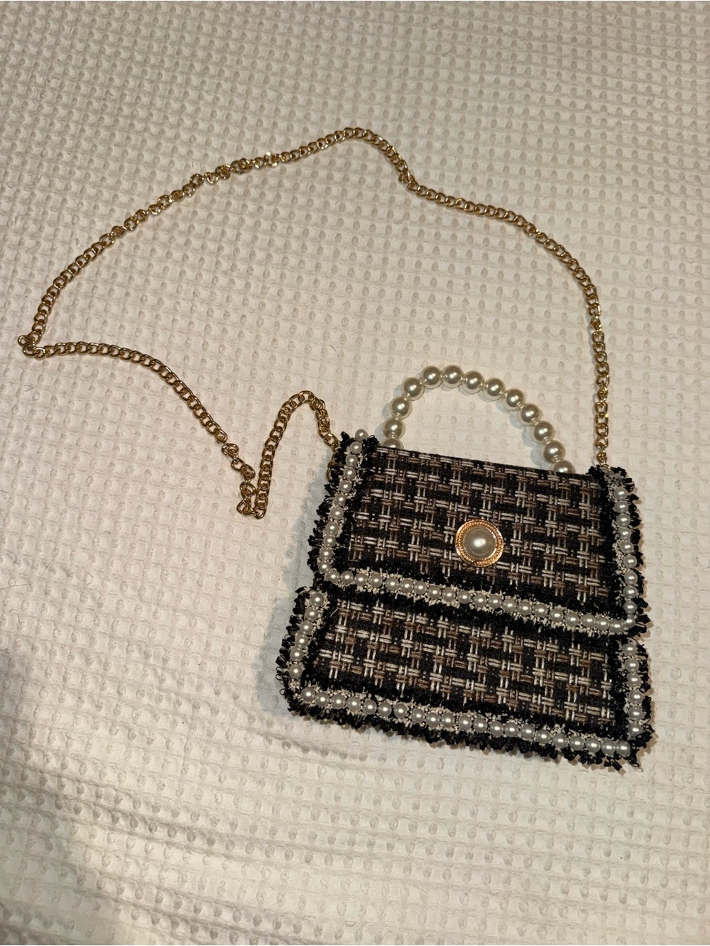 FREE WITH PURCHASE- Pearl-Trim Tweed Mini Crossbody Bag in Black